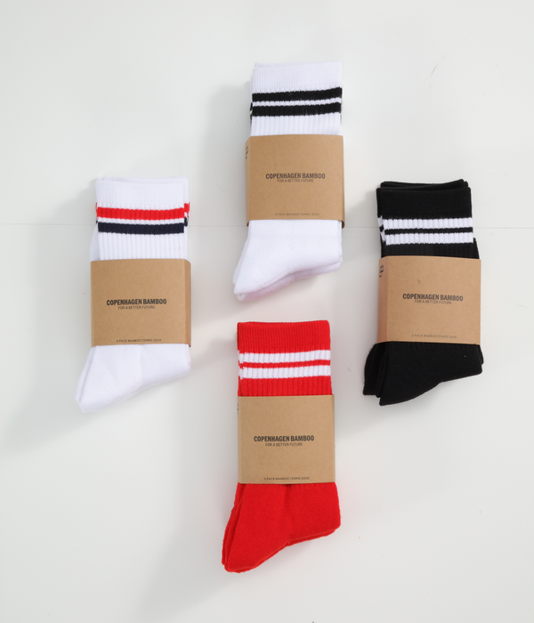 3 pairs of white bamboo tennis socks mix with green/blue/red stripes and long rib