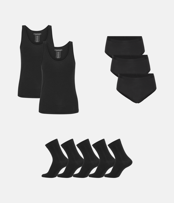 Bamboo Package - Top & Maxi Panties & Stockings - Black
