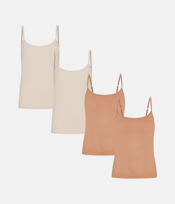 4 pack bamboo tops with thin straps tan/cream