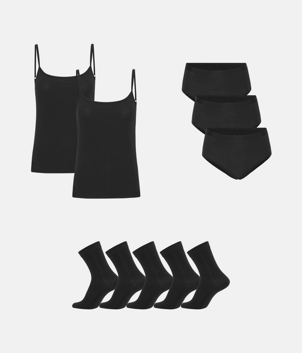 Bamboo Package - Top with Thin Straps &amp; Maxi Panties &amp; Stockings - Black
