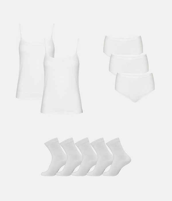 Bamboo Package - Top with Thin Straps &amp; Maxi Panties &amp; Stockings - White