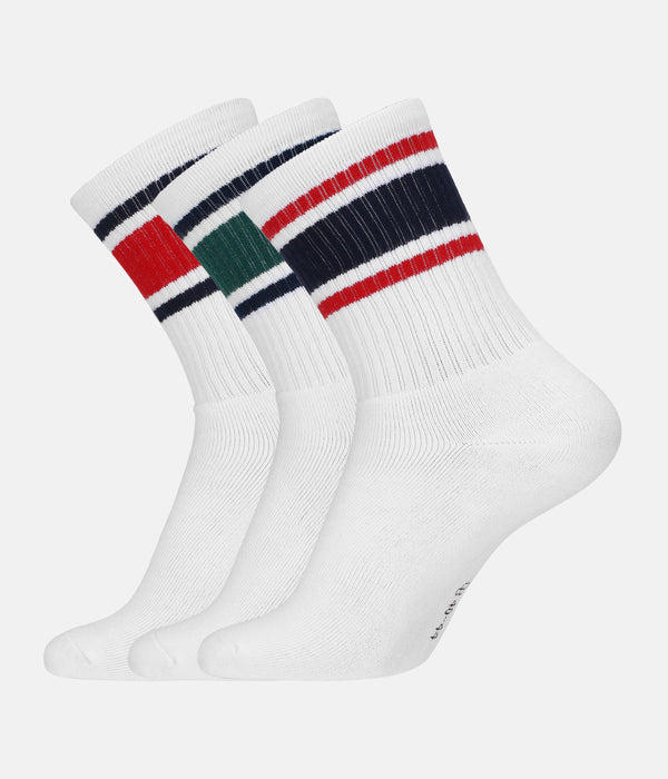 3 pairs of white bamboo tennis socks mix with green/blue/red stripes and long rib